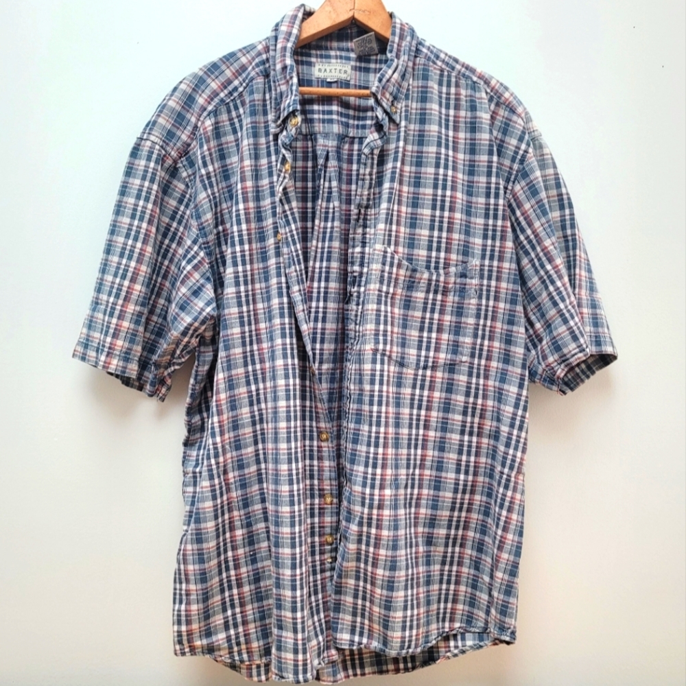 BAXTER | Blue & Maroon Plaid Short Sleeve Buttondown Shirt, Sz. XL